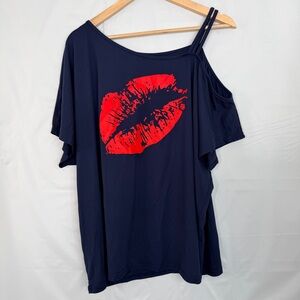 SHEIN Curve Graphic Lips Top Navy Red One Shoulder Batwing Plus 2XL